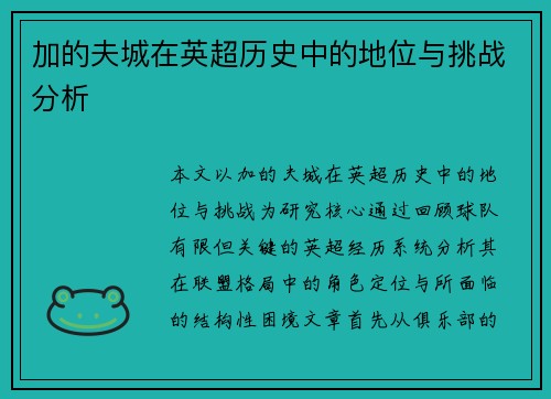 加的夫城在英超历史中的地位与挑战分析 加的夫城在英超历史中的地位与挑战分析